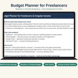 May include: A digital budget planner for freelancers displayed on a laptop screen. The interface includes sections for a 3-month rolling average, baseline versus full budget split, and tabs for a dashboard, monthly budget, savings, and debt payoff.