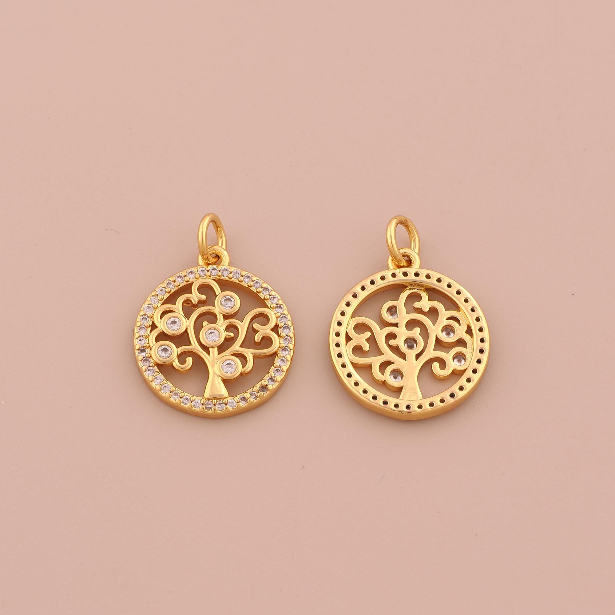 18K Gold Filled Tree of Life Charms,gold CZ Round Pendant for DIY ...