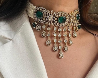 Vibrant Kundan polki green choker set.