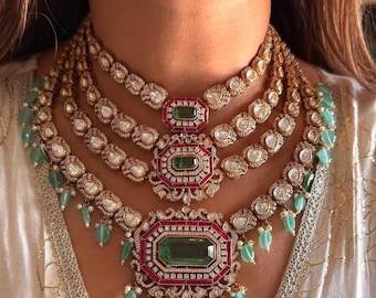 Kundan Polki Bridal Necklace Set: Emerald & Ruby Indian Wedding Jewelry