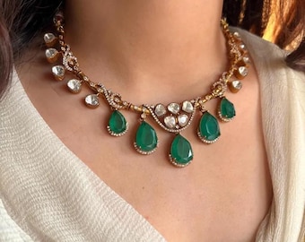 Kundan Polki Necklace: Emerald Green Indian Jewelry Set