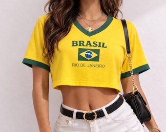 Personalized Y2K Brazil Crop Top Football Jersey- Custom Brazil Jersey Y2k - Y2k Brasil Shirt- Brazil Crop Tops