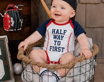 Personalized Boys 6 Month Half Birthday Baseball Outfit "Half Way to First" Custom Name, Sports Fan Outfit, Newborn Jersey Gift