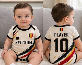 Personalized Belgium Soccer Baby Bodysuit, Custom Name Number Infant Romper
