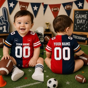 May include: A split-colour navy blue and red baby bodysuit designed like a football jersey. The front features the text TEAM NAME and 00, while the back displays YOUR NAME and 00. It has short sleeves with white and orange stripes on the cuffs.