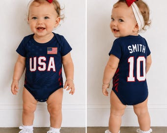 Customizable USA Soccer Baby Bodysuit, American Sports Fan Outfit, Newborn Jersey Gift