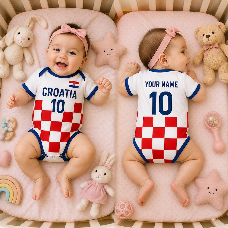 May include: Two babies wearing white onesies with red and white chequered patterns and blue trim. One onesie says "CROATIA 10" and the other says "YOUR NAME 10". They are lying on pink bedding with stuffed animals and toys.