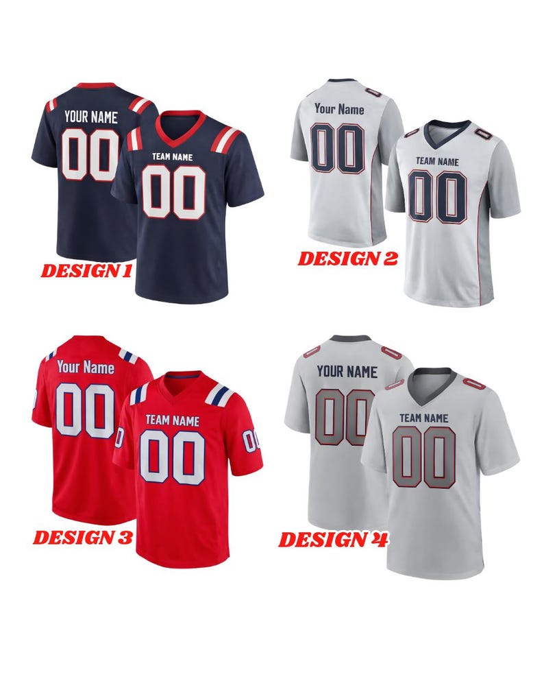Puede incluir: Se muestran cuatro dise&ntilde;os diferentes de camisetas de f&uacute;tbol. El dise&ntilde;o 1 es azul marino con detalles blancos y rojos. El dise&ntilde;o 2 es blanco y gris con detalles en azul marino y rojo. El dise&ntilde;o 3 es rojo con detalles blancos y azules. El dise&ntilde;o 4 es gris con detalles rojos.