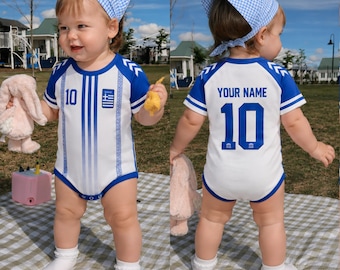 Greece Soccer Babysuit, Personalized Greece Football Infant Outfit, Custom Name Number Baby Romper