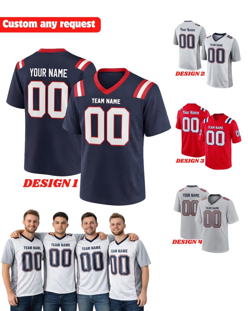 Puede incluir: Camisetas de f&uacute;tbol azul marino y blancas con texto y n&uacute;meros personalizables. La imagen muestra m&uacute;ltiples dise&ntilde;os, incluyendo opciones rojas y blancas, con el texto "Custom any request".