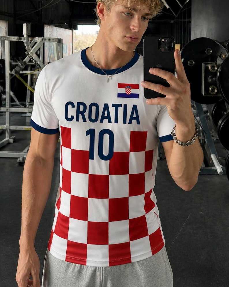 Kroatien Fotbollströja | Personlig Röd Vit Schackrutig Fantröja bild 1