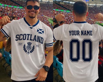 Custom Scotland Soccer Jersey, White and Blue Soccer Shirt with Name & Number, Unisex Fan Tee