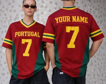 Anpassad Portugal fotbollströja, röd fotbollströja med namn och nummer, unisex supportertröja