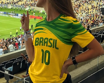 Camiseta de fútbol de Brasil — Camiseta de fútbol unisex, camiseta de fútbol de Brasil personalizada para hombres, mujeres, jóvenes y niños, uniforme para aficionados y jugadores.