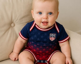 USA Baby Bodysuit Soccer Jersey, Personalized USA Football Infant Outfit, Custom Name Number Baby Romper, American Flag Baby Gift