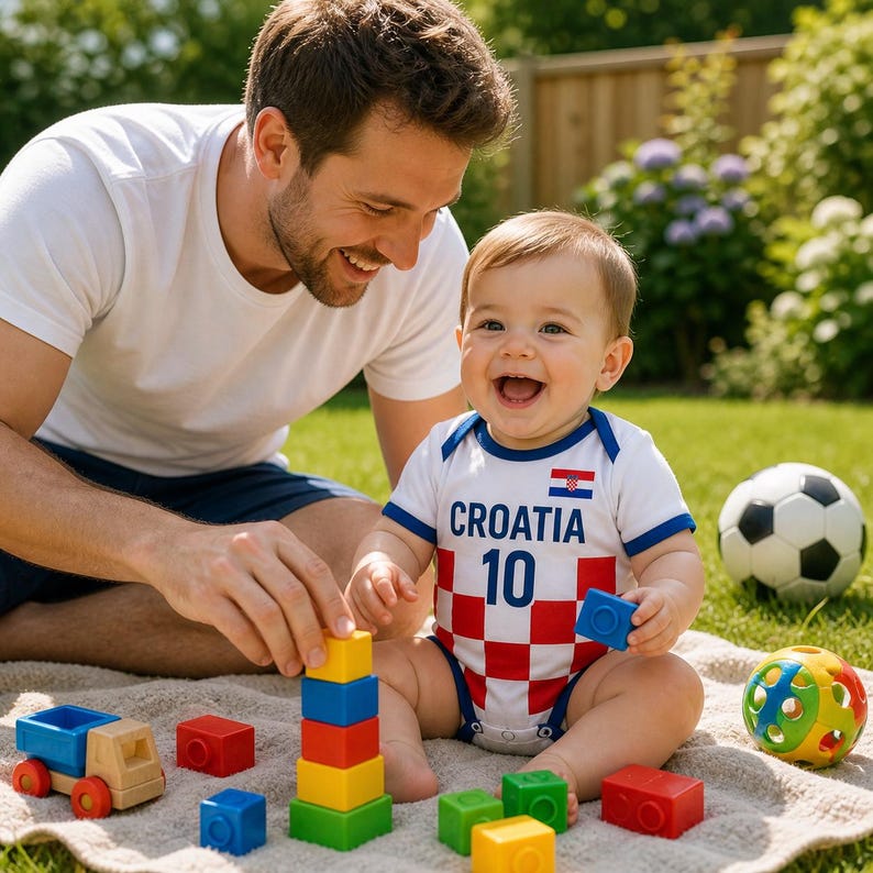 May include: A baby wearing a Croatia jersey with the number 10, playing with colourful toy blocks and a football. The baby is sitting on a blanket with a person in a garden.