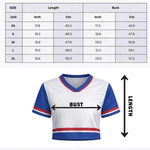 May include: White, blue, and red crop top football jersey. The jersey has a V-neck and short sleeves with blue accents. The image includes a size chart with measurements in inches and centimeters for length and bust.