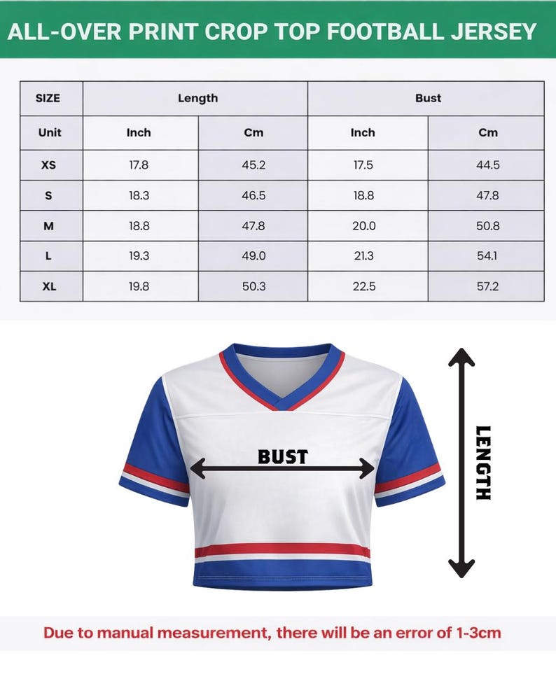 May include: White, blue, and red crop top football jersey. The jersey has a V-neck and short sleeves with blue accents. The image includes a size chart with measurements in inches and centimeters for length and bust.