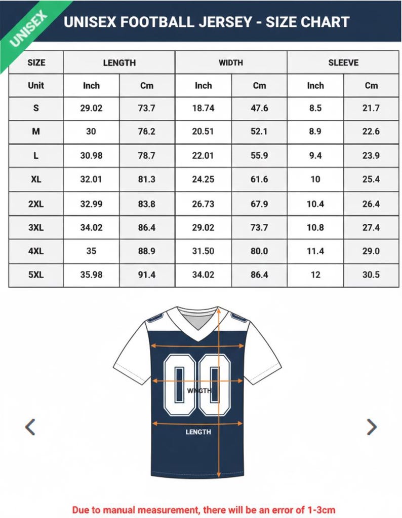 Puede incluir: Tabla de tallas de camisetas de f&uacute;tbol unisex con medidas en pulgadas y cent&iacute;metros. La tabla incluye tallas de la S a la 5XL, detallando las dimensiones de largo, ancho y manga. Se muestra una camiseta azul marino con el n&uacute;mero "00".