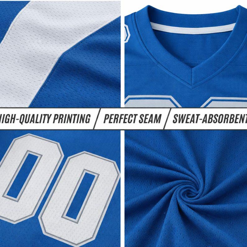 Puede incluir: Primer plano de una camiseta deportiva azul con detalles blancos. La camiseta muestra el n&uacute;mero "00" en blanco con un contorno plateado. La imagen destaca la impresi&oacute;n de alta calidad, las costuras perfectas y el material que absorbe el sudor.