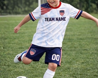 Personalized USA Soccer Jersey Set, Blue American Flag Football Set with Custom Name & Number, Matching Shorts, Team Uniform