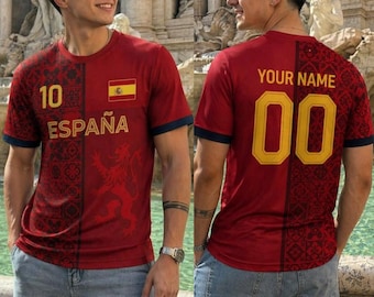 Camiseta de fútbol personalizada de España - Bandera roja española - Número de equipación - Uniforme de entrenamiento para niños y adultos