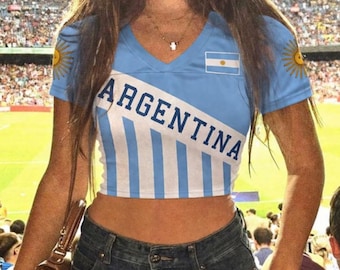 Argentina Blue White Striped Crop Top Jersey, Oversized Football Shirt