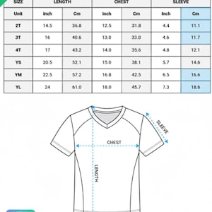 Puede incluir: Gu&iacute;a de tallas para camisetas de f&uacute;tbol para ni&ntilde;os y j&oacute;venes. La tabla muestra medidas en pulgadas y cm para largo, pecho y manga para tallas 2T a YL. Un diagrama ilustra d&oacute;nde medir el pecho, el largo y la manga. El texto "NEW DESIGN" tambi&eacute;n est&aacute; presente.