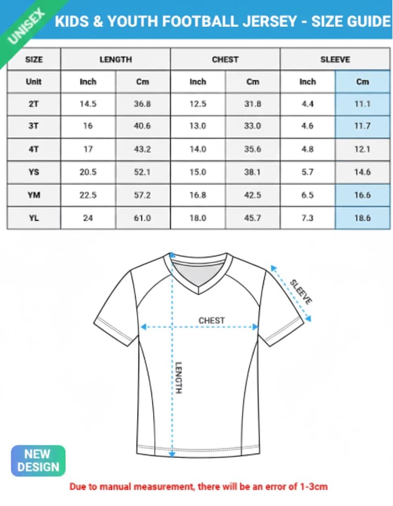 Puede incluir: Gu&iacute;a de tallas para camisetas de f&uacute;tbol para ni&ntilde;os y j&oacute;venes. La tabla muestra medidas en pulgadas y cm para largo, pecho y manga para tallas 2T a YL. Un diagrama ilustra d&oacute;nde medir el pecho, el largo y la manga. El texto "NEW DESIGN" tambi&eacute;n est&aacute; presente.