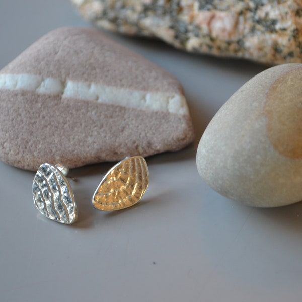 cuttlefish cast silver pebble earring,stud earrings, handmade, hand cast, textured, sand pattern, beach jewellery, stone, tactile, 925, sand