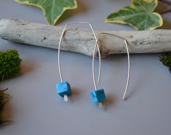Turquoise silver cube Earrings, cube, wirework, long, dangle, wire wrapped, gift for her, blue, 925 sterling silver, semi precious stone