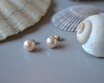 pink pearl stud earrings, fresh water Pearl, pink, luster, beach jewellery, Katie Greaves Jewellery, bridesmaid gift, wedding, valentines