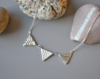 Triangle silver necklace, cuttlefish cast 3 triangle necklace, texture, tactile, hallmarked, 925 sterling silver, ripple, statement, bunting