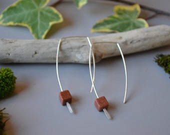 Goldstone and silver cube Earrings, threader, wirework, geometric, long, dangle, wire wrapped, gift for her, 925, semi precious stone