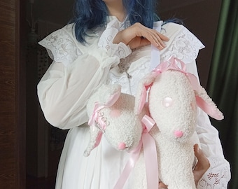 Tvåhövdad Lammplyschväska – Drömskvit Gotisk Kawaii Axelremsväska