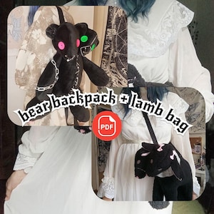 May include: A black plush bear backpack with pink and green button eyes, and a silver chain. The image also shows a black lamb bag with pink accents. Text on the image reads "bear backpack + lamb bag" and a PDF icon.