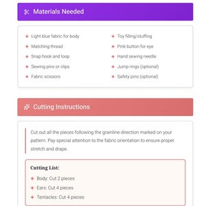 May include: A graphic with text detailing materials and cutting instructions for a sewing project. The "Materials Needed" section lists items like light blue fabric, thread, and a pink button. The "Cutting Instructions" section provides guidance on cutting fabric pieces.