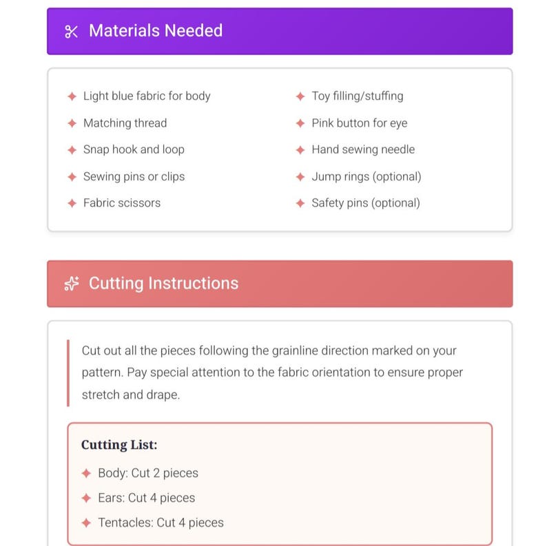 May include: A graphic with text detailing materials and cutting instructions for a sewing project. The "Materials Needed" section lists items like light blue fabric, thread, and a pink button. The "Cutting Instructions" section provides guidance on cutting fabric pieces.