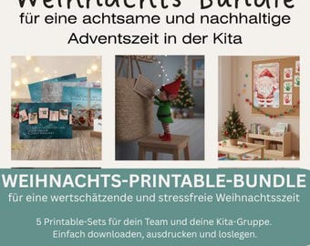 Può includere: Immagine che promuove un pacchetto natalizio con testo in tedesco. L'immagine include un albero di Natale, un poster di Babbo Natale e una statuina di elfo. Il testo include "Weihnachts-Bundle" e "WEIHNACHTS-PRINTABLE-BUNDLE".