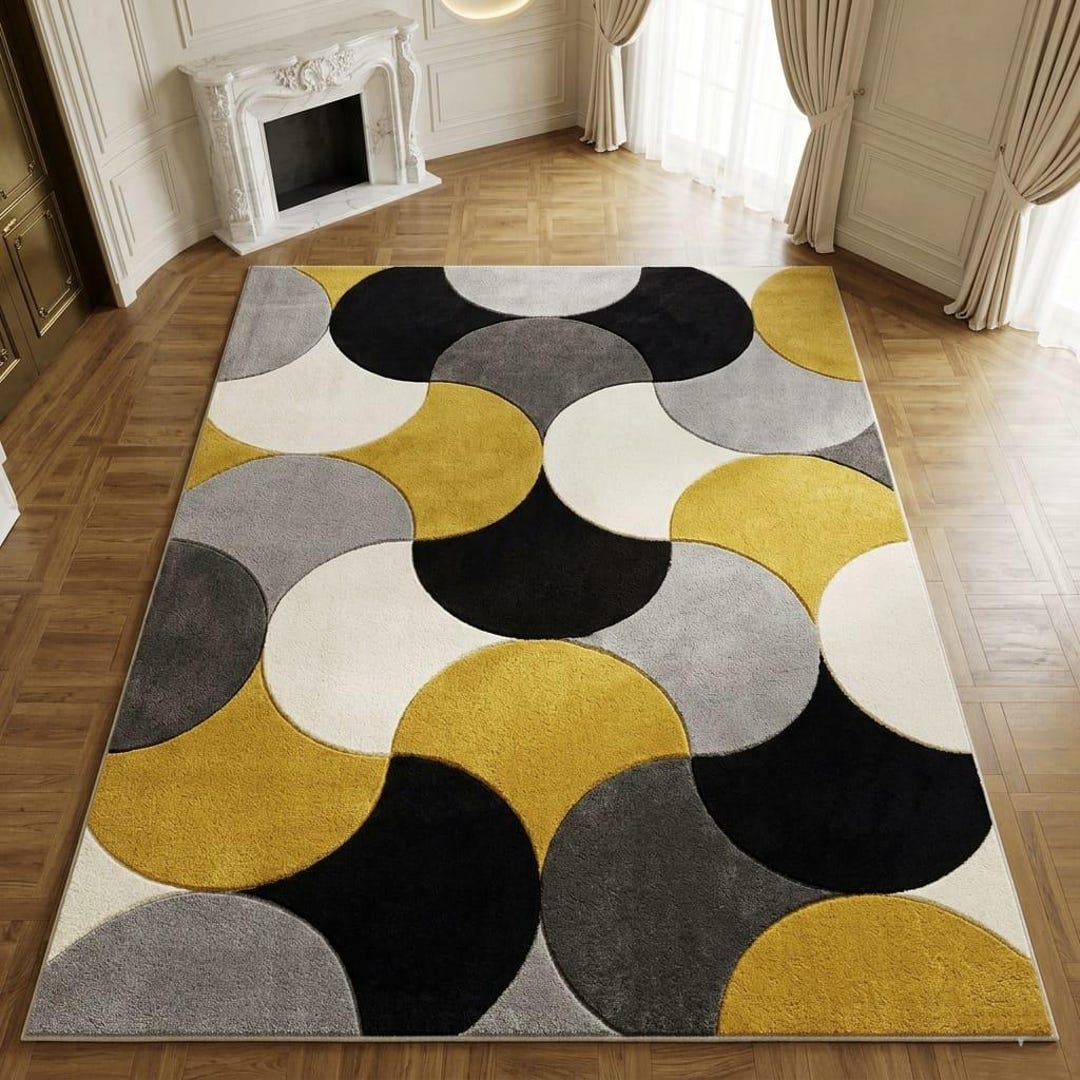 Modern Geometric Circle Pattern Area Rug Yellow Black Grey Tufted ...