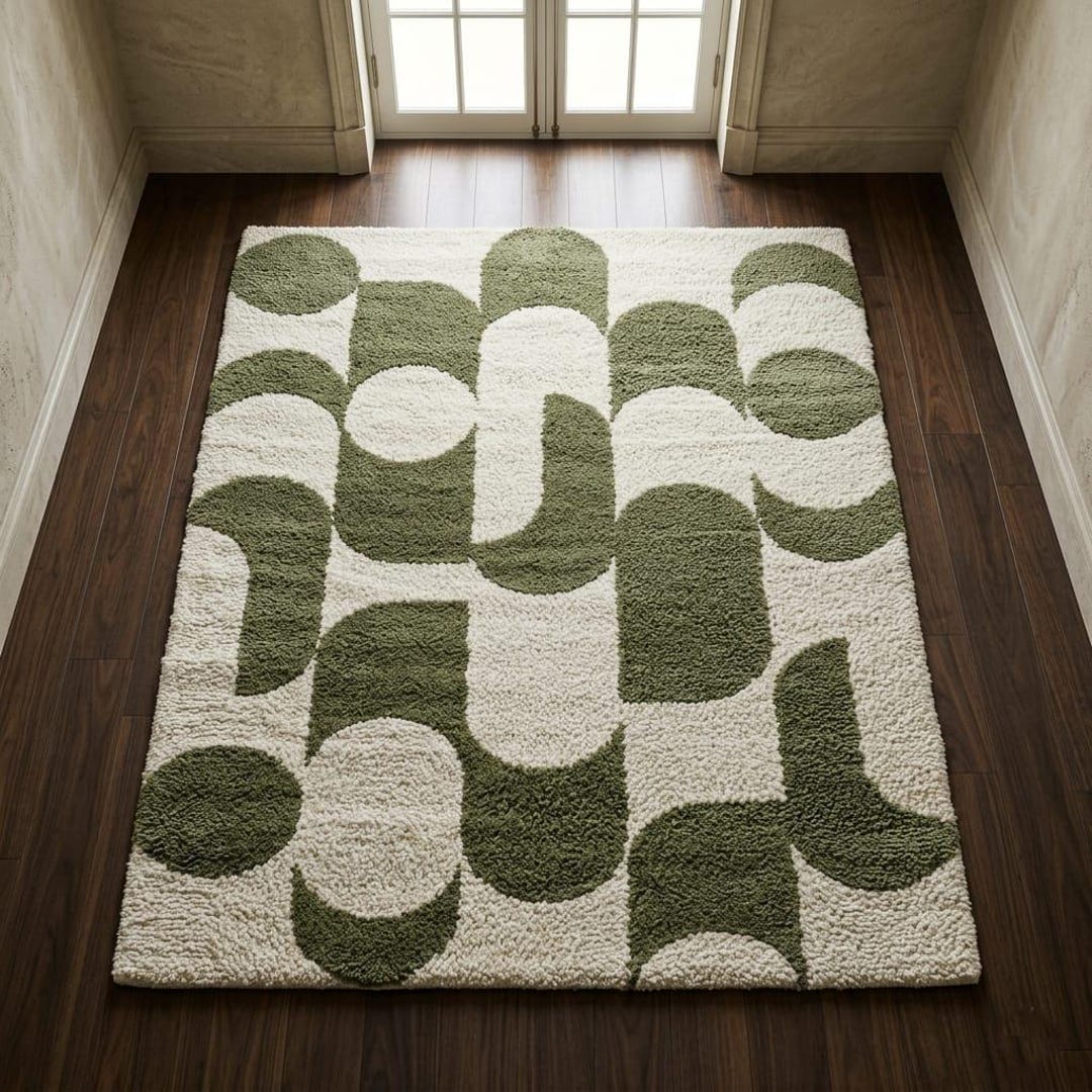 Modern Abstract Green Cream Shag Area Rug Geometric Pattern Soft Plush ...