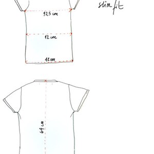 May include: A white t-shirt with measurements in inches for size M, slim fit. The measurements are 33 inches across the shoulders, 42.5 inches across the chest, 42 inches in length, and 64 inches in length from the shoulder to the bottom hem.