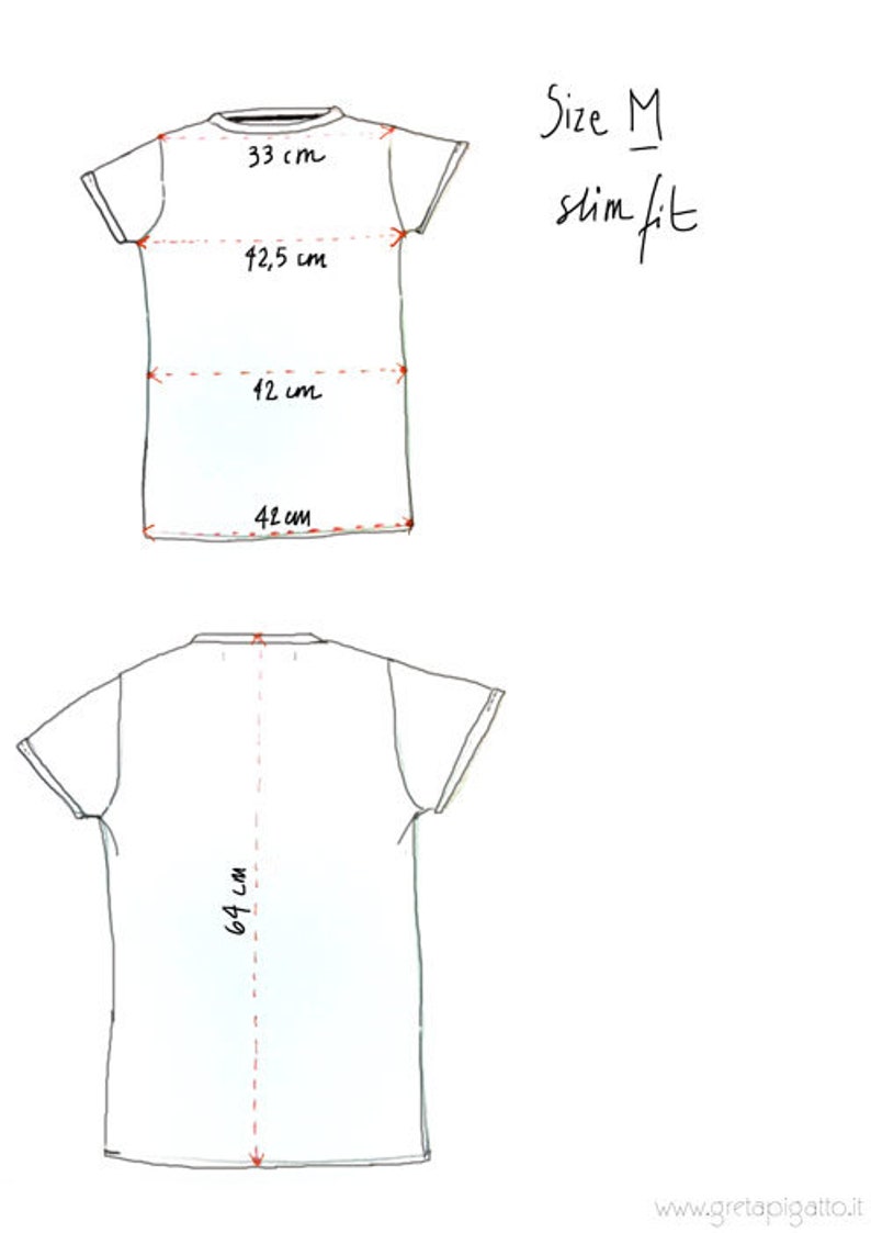 May include: A white t-shirt with measurements in inches for size M, slim fit. The measurements are 33 inches across the shoulders, 42.5 inches across the chest, 42 inches in length, and 64 inches in length from the shoulder to the bottom hem.