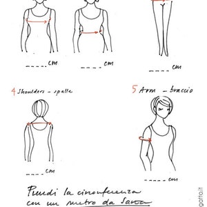 May include: Diagram showing how to measure different parts of the body using a tape measure. The diagram shows how to measure chest, waist, hips, shoulders, and arm. The text reads "Take your measure with a soft tape, around your body."