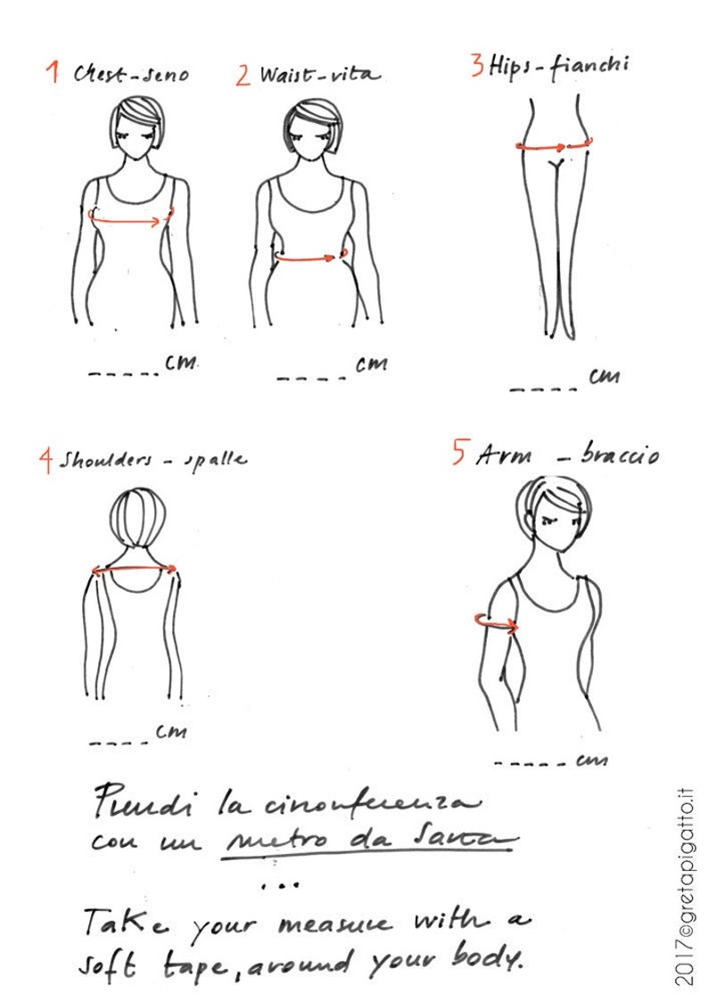 May include: Diagram showing how to measure different parts of the body using a tape measure. The diagram shows how to measure chest, waist, hips, shoulders, and arm. The text reads "Take your measure with a soft tape, around your body."