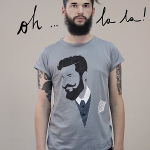 t-shirt dipinta a mano, sartoriale, su misura e fatta a mano per uomo, in stile hipster e barbut, illustrazione dipinta a mano su tessuto