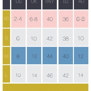 May include: Size chart for clothing with measurements in US, UK, Italy, EU, and AU sizes. The chart includes sizes XS, S, M, and L.  The text at the bottom reads:  > XL = SU MISURA/MADE TO MEASURE