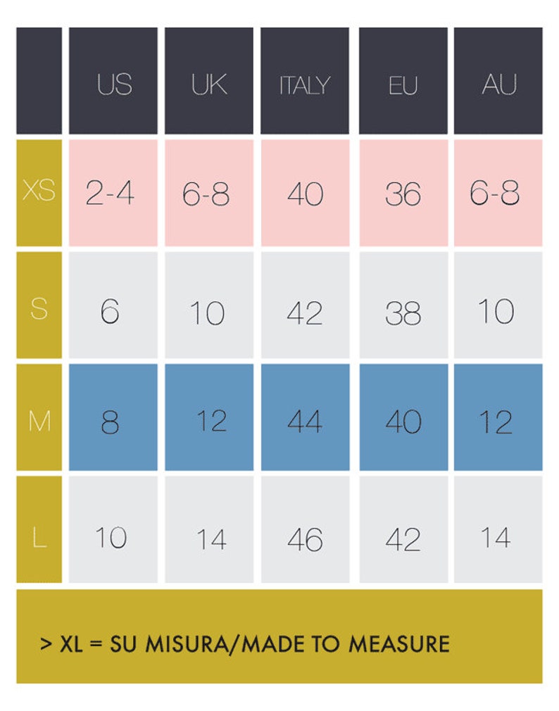 May include: Size chart for clothing with measurements in US, UK, Italy, EU, and AU sizes. The chart includes sizes XS, S, M, and L.  The text at the bottom reads:  > XL = SU MISURA/MADE TO MEASURE