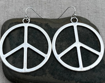 Large Peace Sign Earrings - Silver Peace Sign Earrings - Statement Peace Sign Earrings -Large Peace Sign Jewelry - Peace Sign Jewelry Gifts
