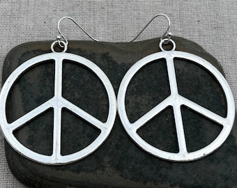 SALE - Big Peace Sign Earrings - Silver Peace Sign Earrings - Large Peace Sign Earrings - Peace Sign Jewelry - Peace Sign Dangle Earrings